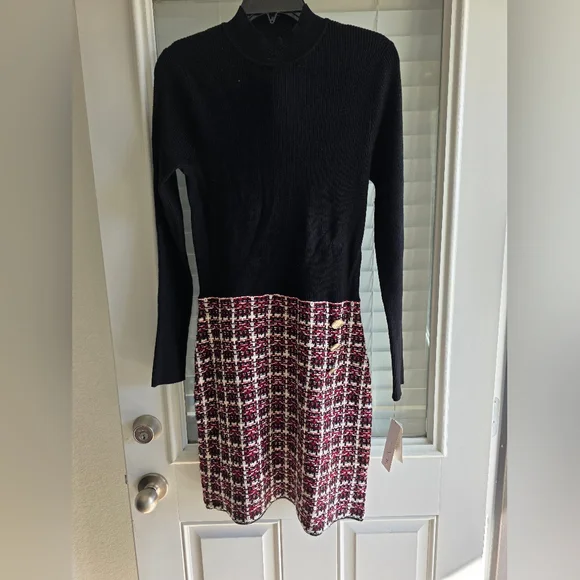 BCX Women Combo Tweed-Skirt Long-Sleeve Sweater Dress Sz L NWT Detail Button - Picture 11 of 12